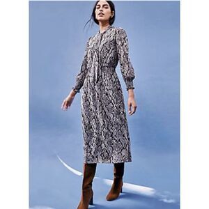 Ann Taylor Sheer Snakeskin Print Peasant Midi Dress Smocked Tie Neck 14 E149